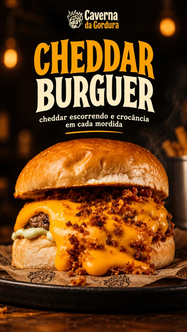 Anúncio Cheddar Burguer com queijo derretido em destaque e tipografia amarela.