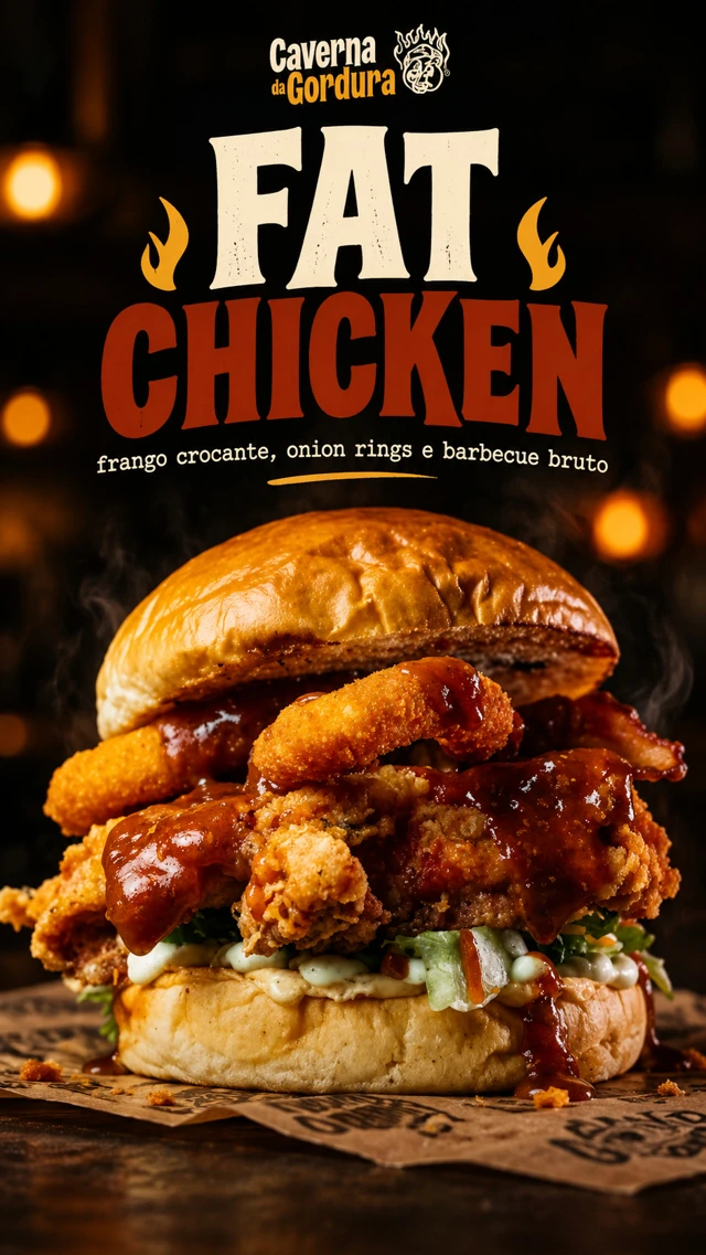 Peça Fat Chicken com sanduíche de frango crocante, fundo escuro e luz quente.