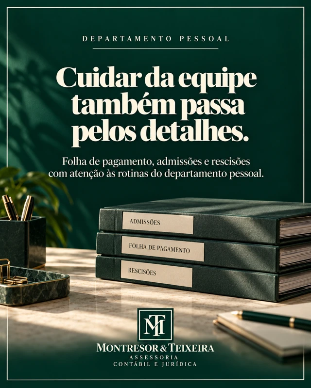 Arte verde sobre departamento pessoal, com livros e materiais de escritório.